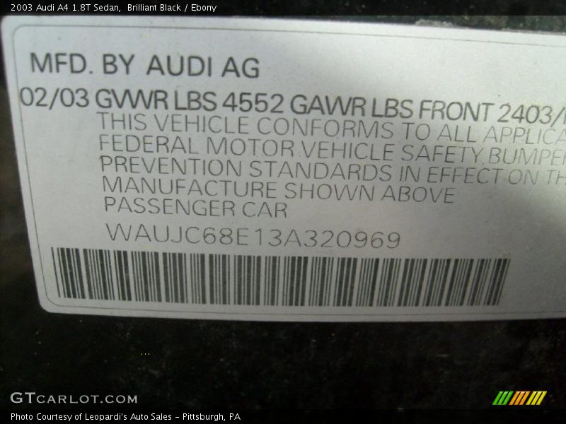 Brilliant Black / Ebony 2003 Audi A4 1.8T Sedan