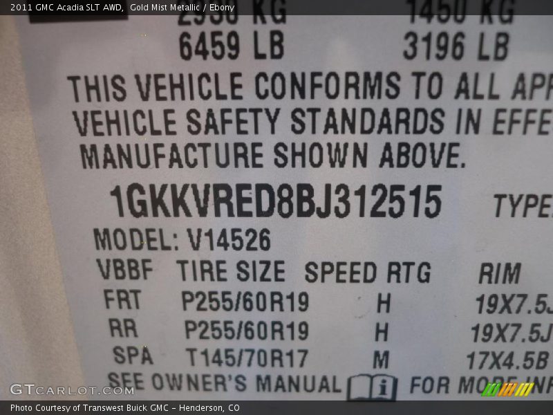 Gold Mist Metallic / Ebony 2011 GMC Acadia SLT AWD