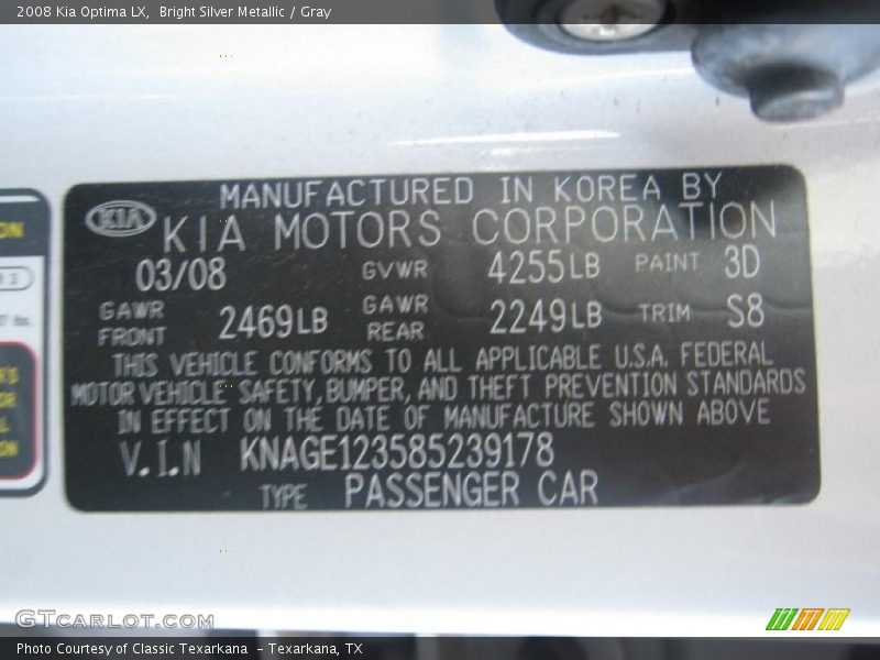 Bright Silver Metallic / Gray 2008 Kia Optima LX