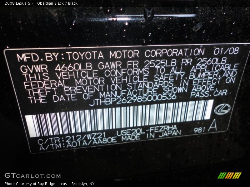 2008 IS F Obsidian Black Color Code 212
