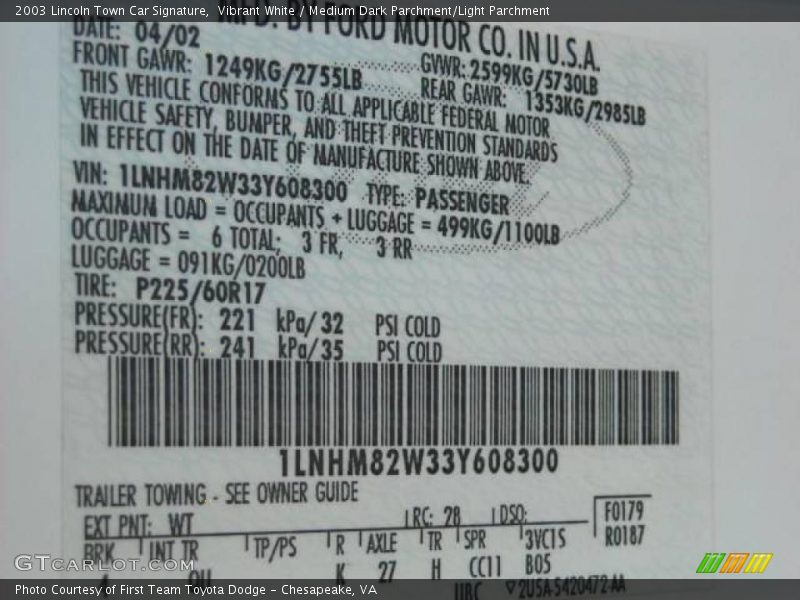 Vibrant White / Medium Dark Parchment/Light Parchment 2003 Lincoln Town Car Signature