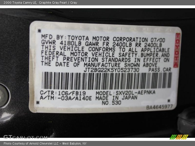 Graphite Gray Pearl / Gray 2000 Toyota Camry LE