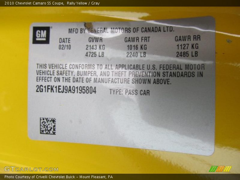 Info Tag of 2010 Camaro SS Coupe