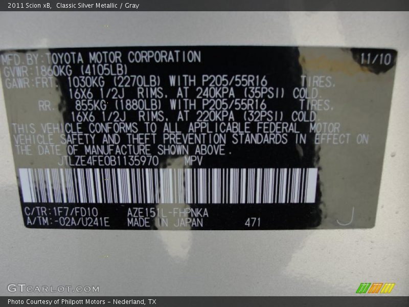 2011 xB  Classic Silver Metallic Color Code 1F7
