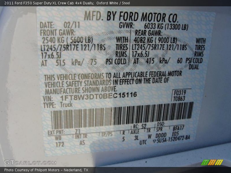 2011 F350 Super Duty XL Crew Cab 4x4 Dually Oxford White Color Code Z1