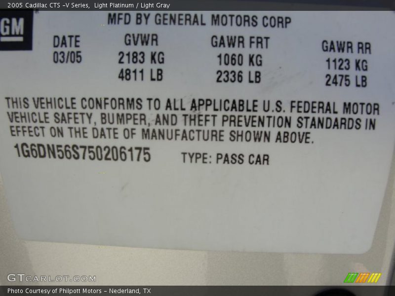 Info Tag of 2005 CTS -V Series