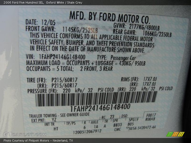 2006 Five Hundred SEL Oxford White Color Code YZ