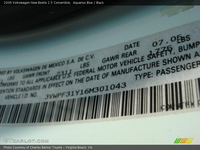 Aquarius Blue / Black 2006 Volkswagen New Beetle 2.5 Convertible