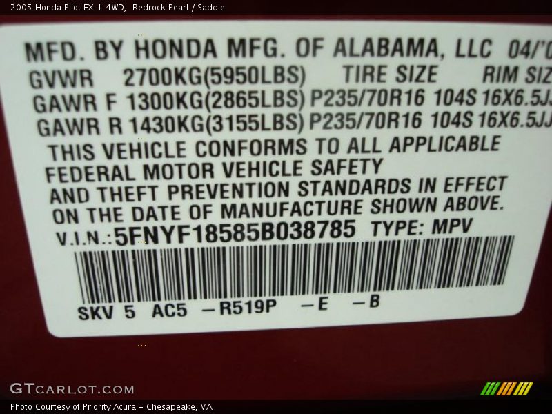 Redrock Pearl / Saddle 2005 Honda Pilot EX-L 4WD