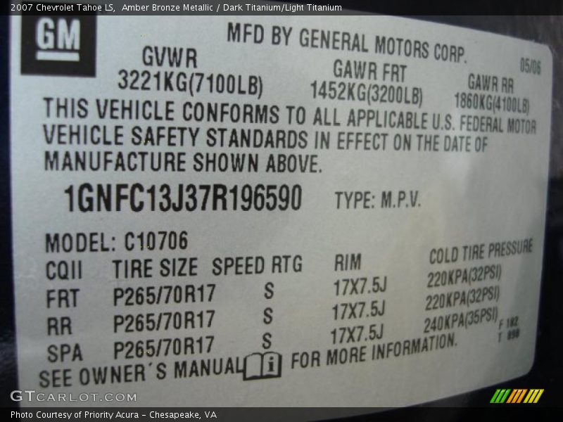 Amber Bronze Metallic / Dark Titanium/Light Titanium 2007 Chevrolet Tahoe LS