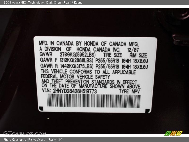 Dark Cherry Pearl / Ebony 2008 Acura MDX Technology