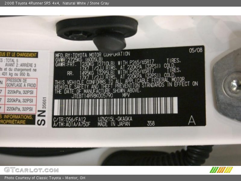 2008 4Runner SR5 4x4 Natural White Color Code 056
