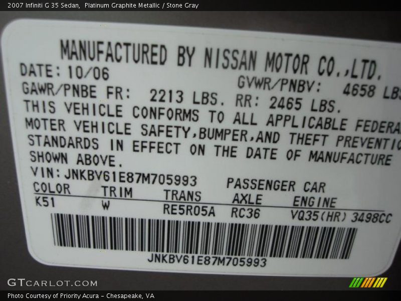 Platinum Graphite Metallic / Stone Gray 2007 Infiniti G 35 Sedan