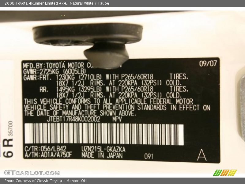 2008 4Runner Limited 4x4 Natural White Color Code 056