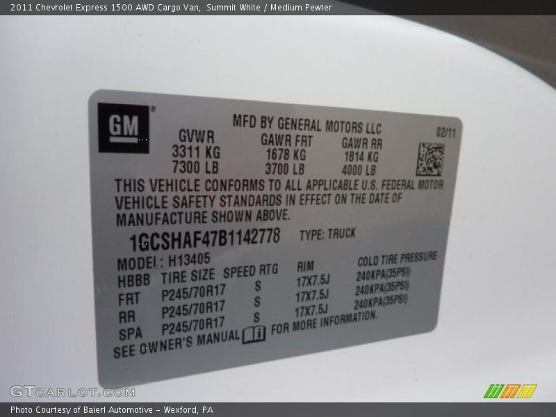 Summit White / Medium Pewter 2011 Chevrolet Express 1500 AWD Cargo Van