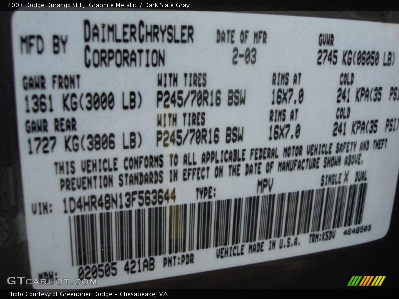 Graphite Metallic / Dark Slate Gray 2003 Dodge Durango SLT