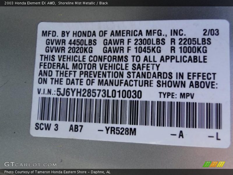 Shoreline Mist Metallic / Black 2003 Honda Element EX AWD