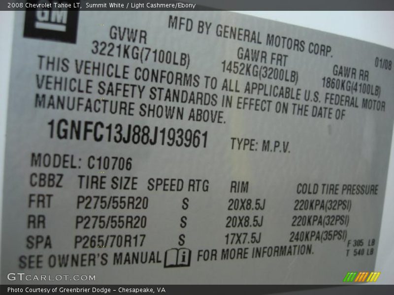 Summit White / Light Cashmere/Ebony 2008 Chevrolet Tahoe LT