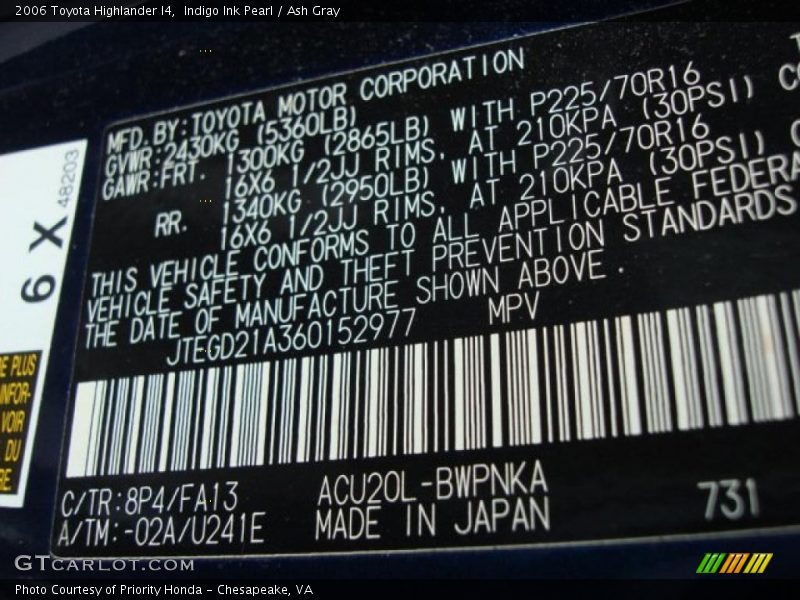 Indigo Ink Pearl / Ash Gray 2006 Toyota Highlander I4