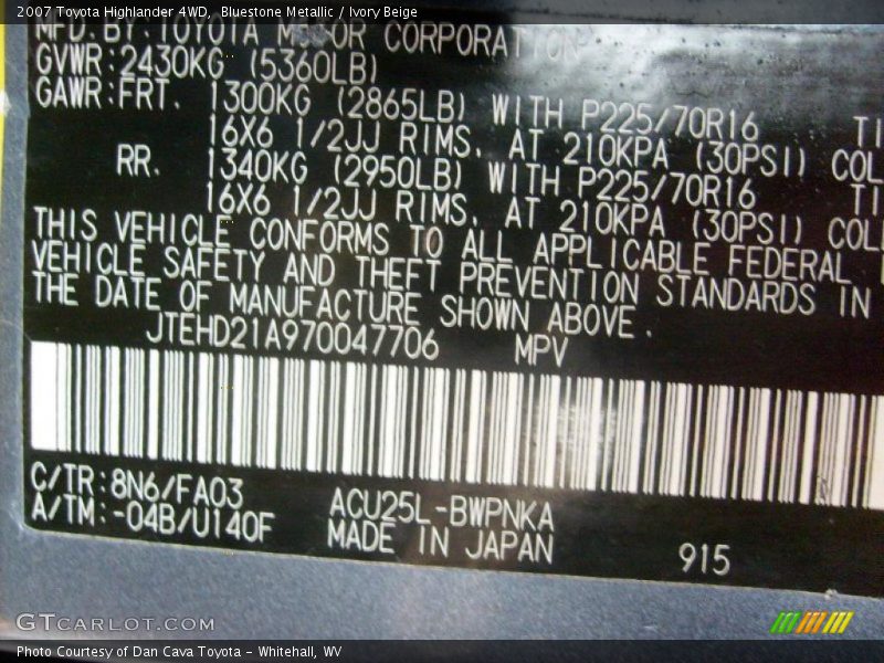 2007 Highlander 4WD Bluestone Metallic Color Code 8N6