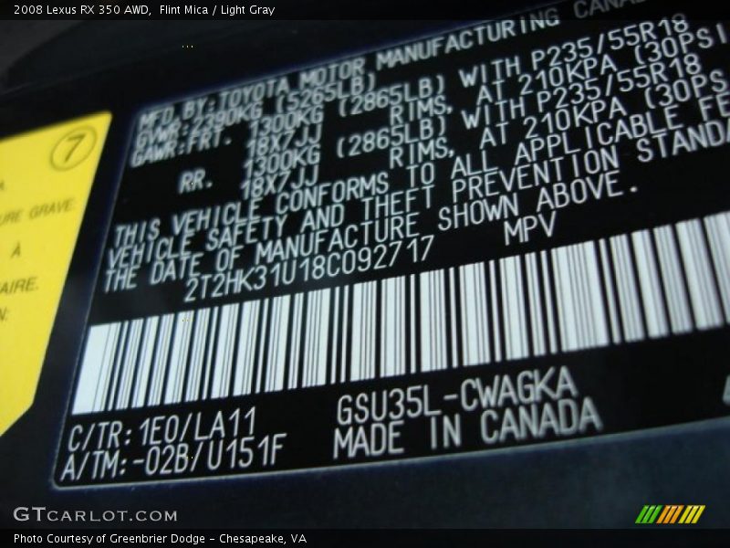 Flint Mica / Light Gray 2008 Lexus RX 350 AWD