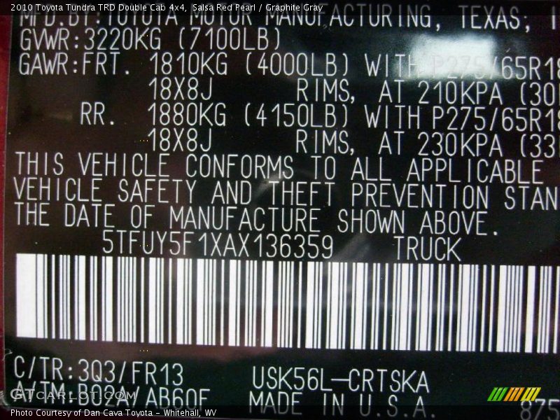 2010 Tundra TRD Double Cab 4x4 Salsa Red Pearl Color Code 3Q3