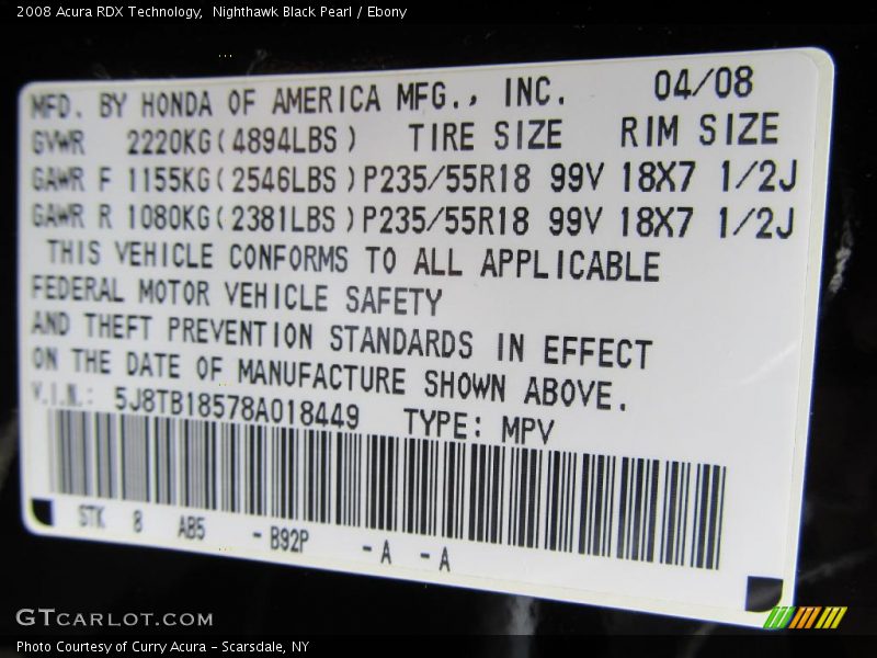 Nighthawk Black Pearl / Ebony 2008 Acura RDX Technology