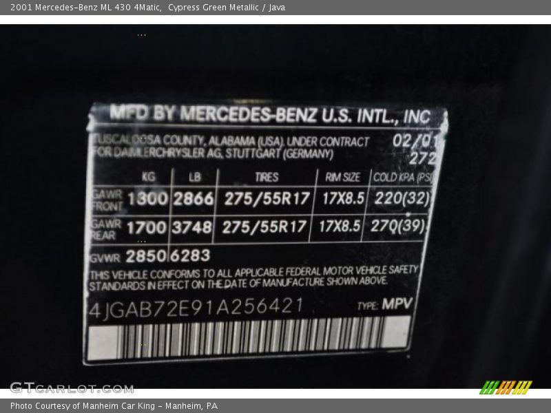 2001 ML 430 4Matic Cypress Green Metallic Color Code 272