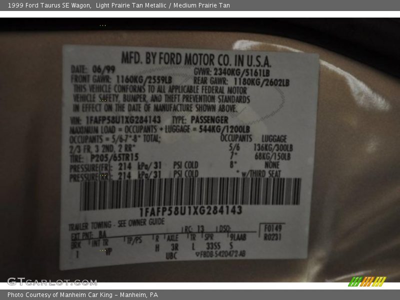 Light Prairie Tan Metallic / Medium Prairie Tan 1999 Ford Taurus SE Wagon