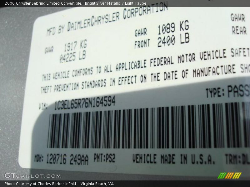 Bright Silver Metallic / Light Taupe 2006 Chrysler Sebring Limited Convertible