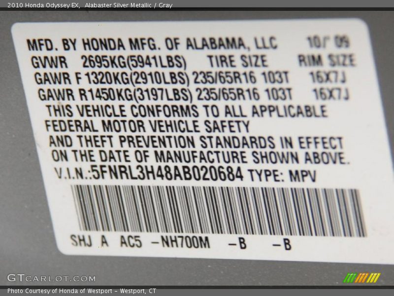 2010 Odyssey EX Alabaster Silver Metallic Color Code NH700M