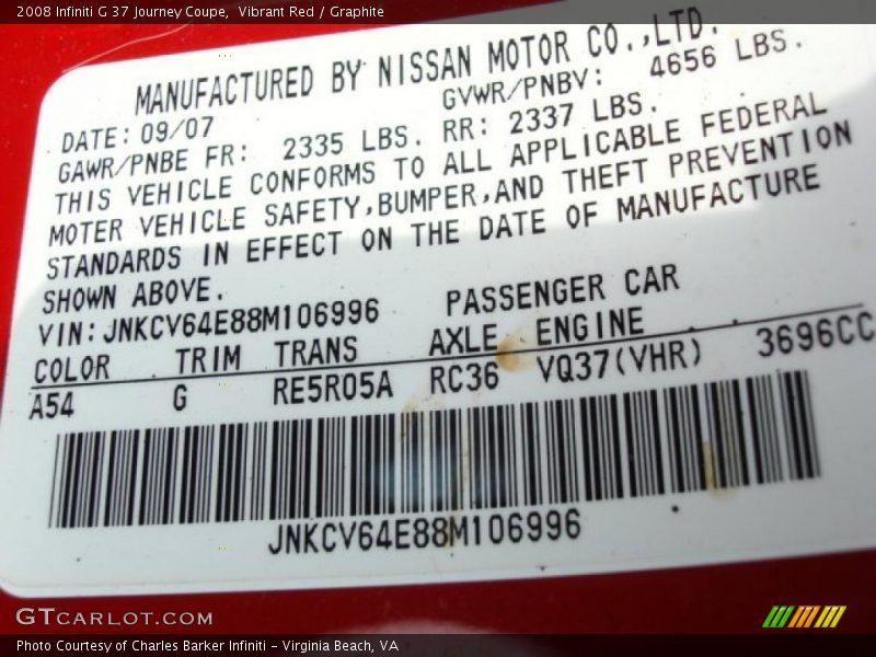 2008 G 37 Journey Coupe Vibrant Red Color Code A54