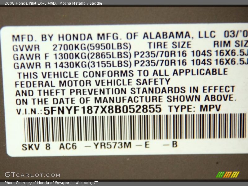 Mocha Metallic / Saddle 2008 Honda Pilot EX-L 4WD