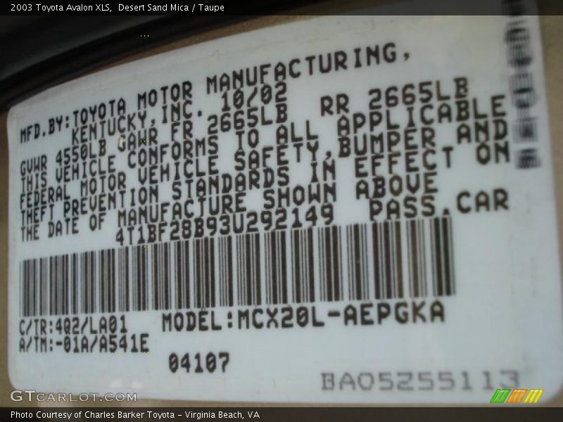 Desert Sand Mica / Taupe 2003 Toyota Avalon XLS