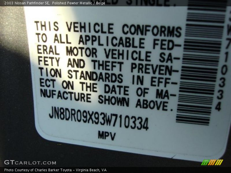 Polished Pewter Metallic / Beige 2003 Nissan Pathfinder SE