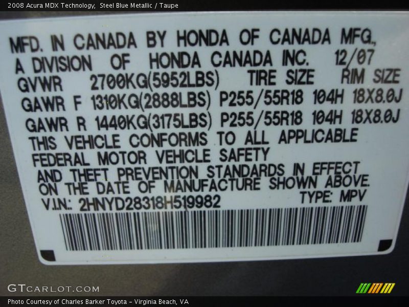 Steel Blue Metallic / Taupe 2008 Acura MDX Technology