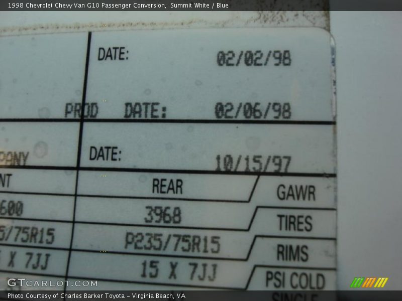 Info Tag of 1998 Chevy Van G10 Passenger Conversion