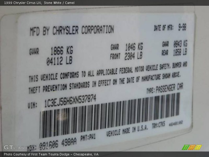 Stone White / Camel 1999 Chrysler Cirrus LXi