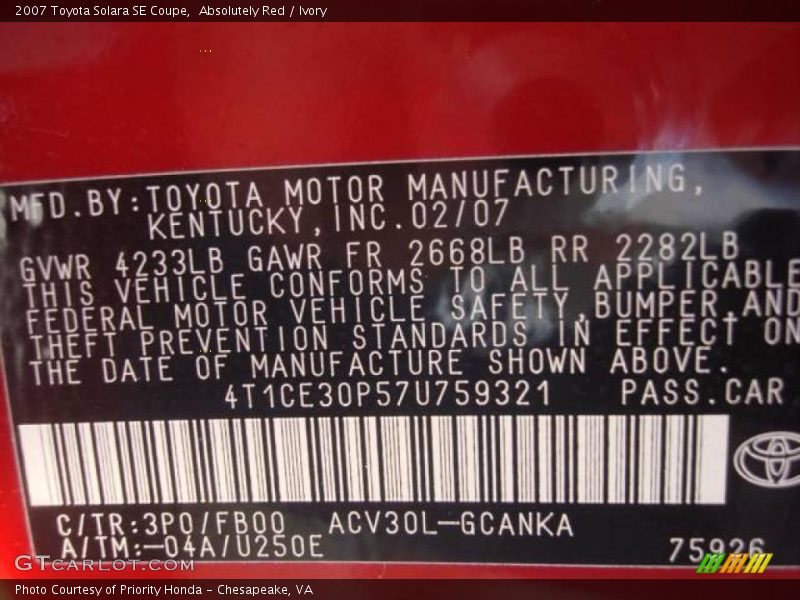 Absolutely Red / Ivory 2007 Toyota Solara SE Coupe