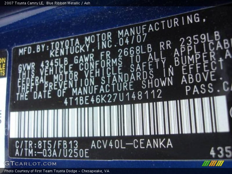 Blue Ribbon Metallic / Ash 2007 Toyota Camry LE