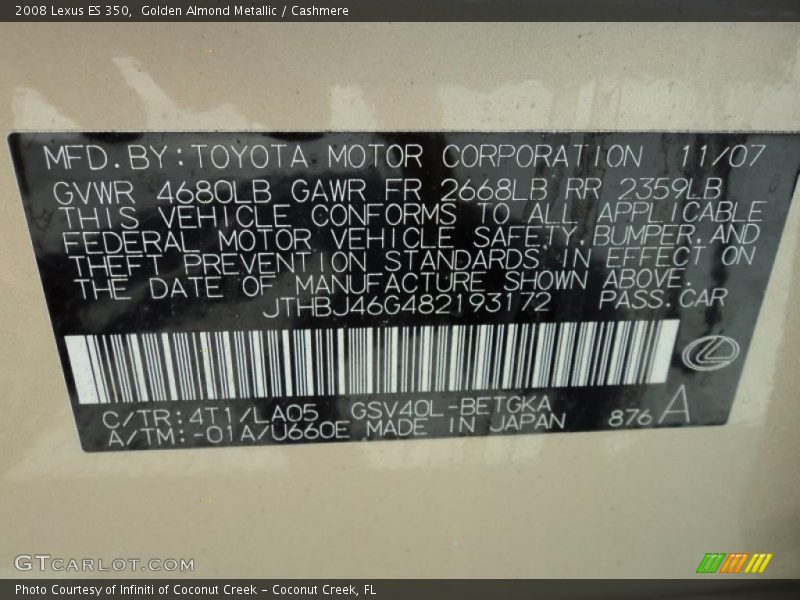 Golden Almond Metallic / Cashmere 2008 Lexus ES 350