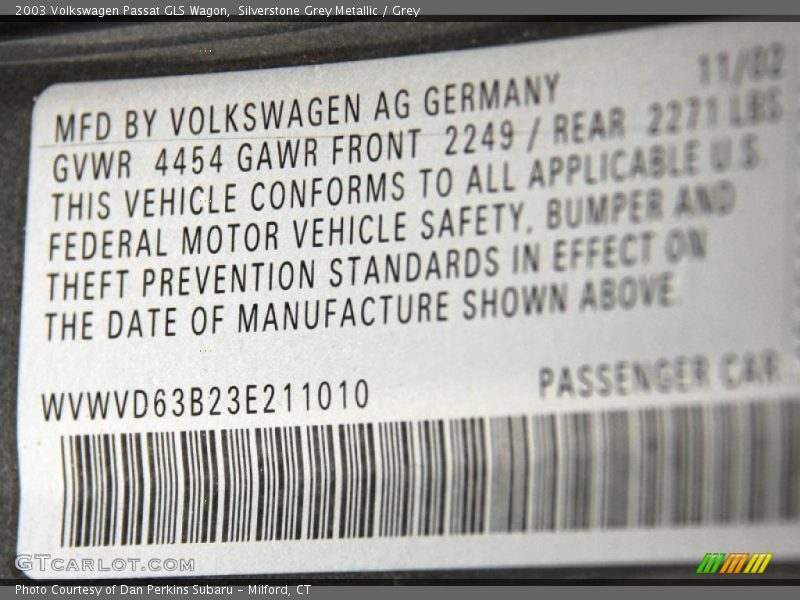 Info Tag of 2003 Passat GLS Wagon