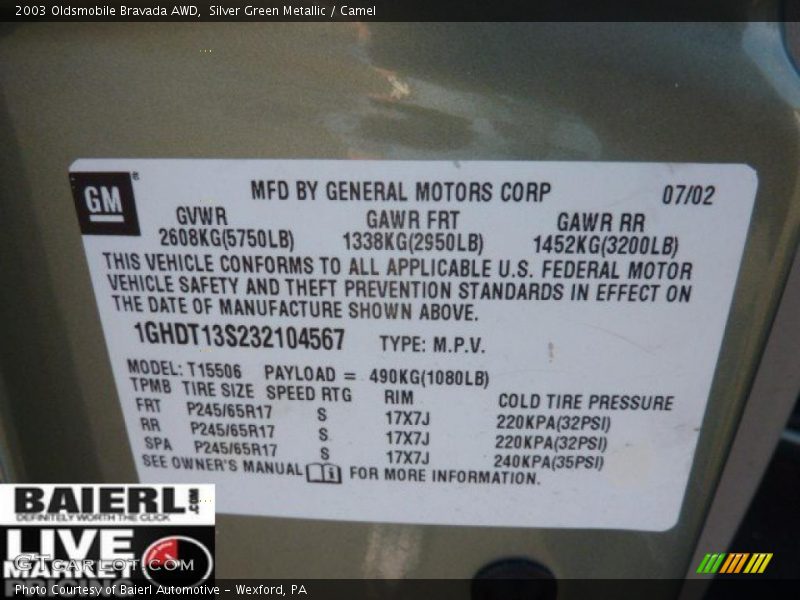 Silver Green Metallic / Camel 2003 Oldsmobile Bravada AWD