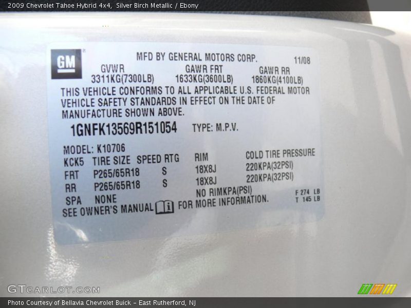 Info Tag of 2009 Tahoe Hybrid 4x4
