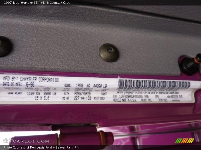 1997 Wrangler SE 4x4 Magenta Color Code PH1