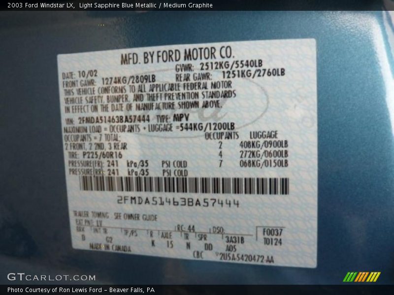 2003 Windstar LX Light Sapphire Blue Metallic Color Code LV