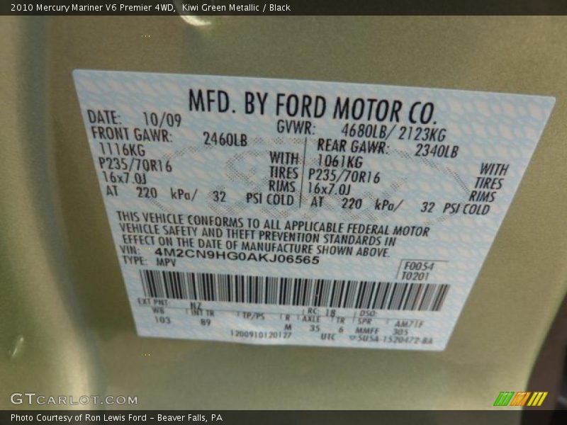 Kiwi Green Metallic / Black 2010 Mercury Mariner V6 Premier 4WD