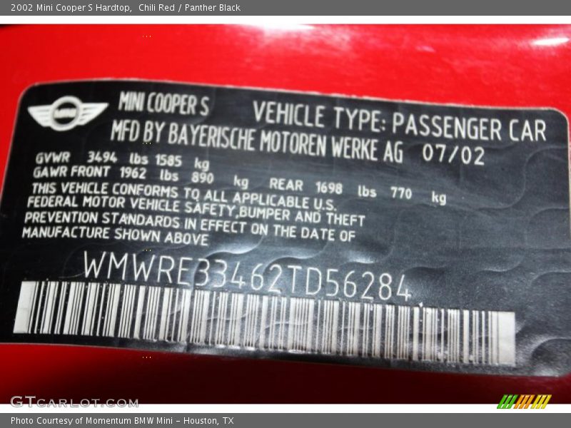 Chili Red / Panther Black 2002 Mini Cooper S Hardtop