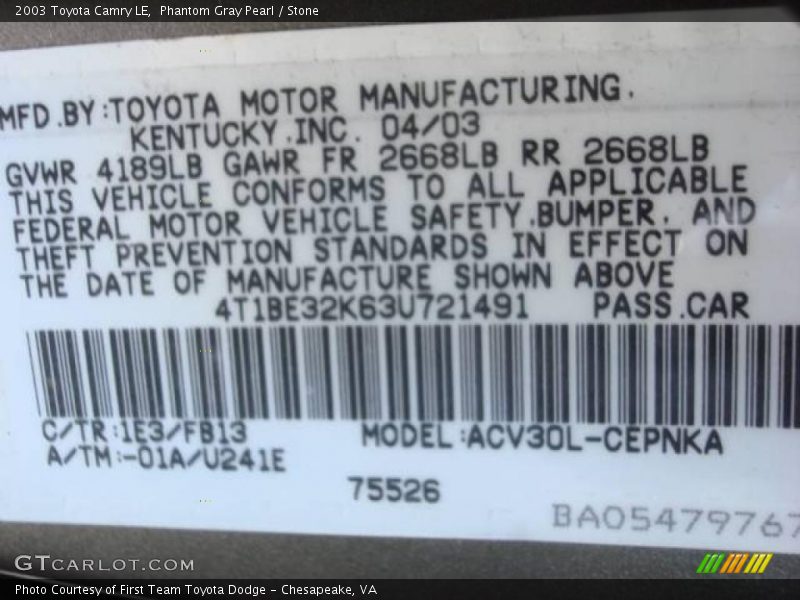 Phantom Gray Pearl / Stone 2003 Toyota Camry LE