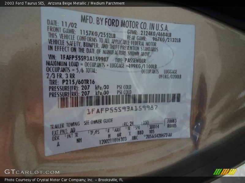 2003 Taurus SES Arizona Beige Metallic Color Code AQ